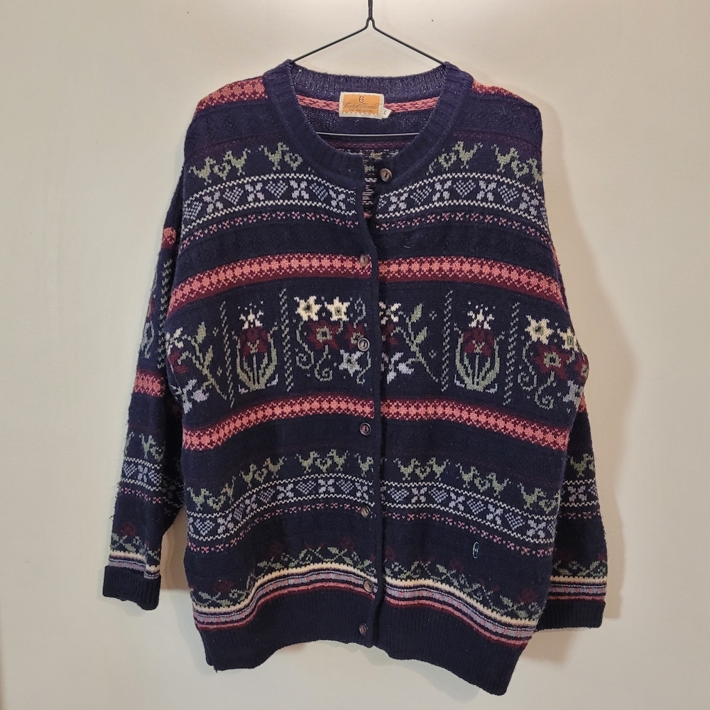 Conte Of Florence Navy and Pink Floral 100% Wool Women's Cardigan - L